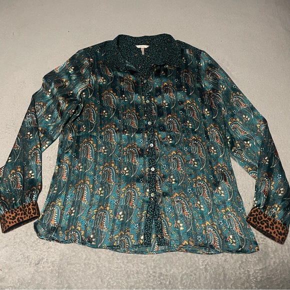 Esqualo green multi print semi sheer blouse size 12 - Picture 2 of 13